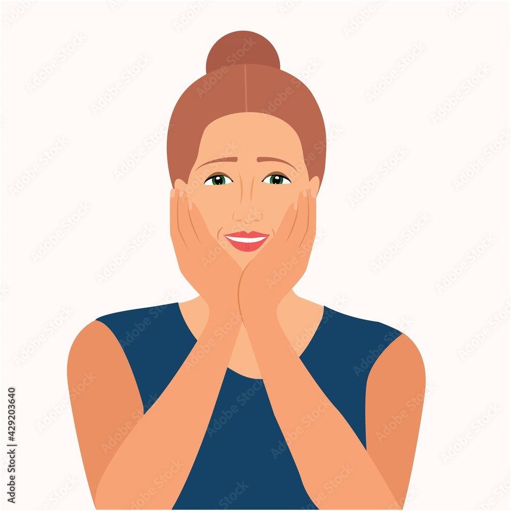 Portrait of a young pretty woman resting her face in her hands. She feels happy, hopeful, amazed, surprised. Dreamer woman feels joyous. She rejoices while waiting. Flat Vector Illustration Portrait of a young pretty woman resting her face in her hands. She feels happy, hopeful, amazed, surprised. Dreamer woman feels joyous. She rejoices while waiting. Flat Vector Illustration