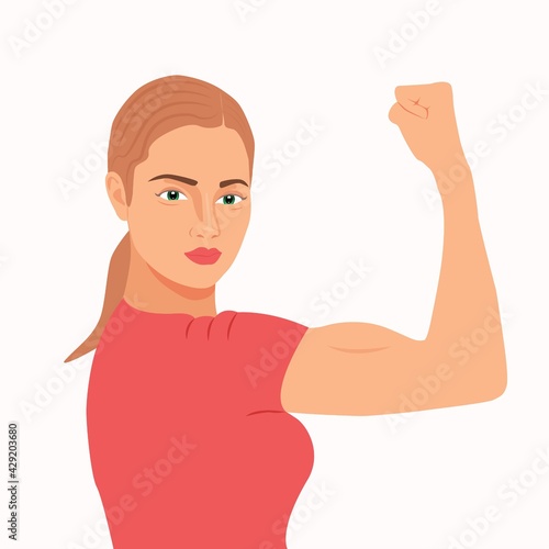 Beautiful young strong powerful seriously face woman. Strong Woman with her muscle. Woman shows her arm muscles Isolated vector illustration. Feminism Concept. Women's power. Modern Flat design. New