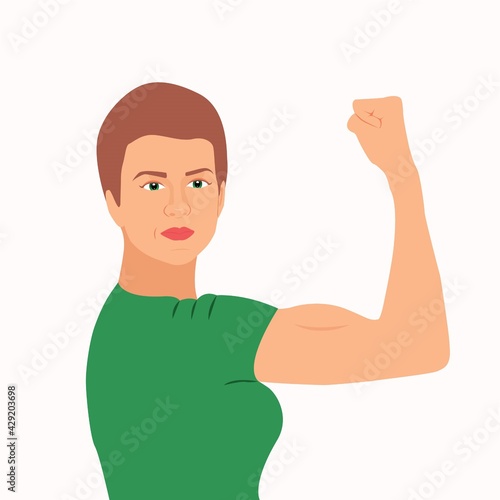 Beautiful young strong powerful seriously face woman. Strong Woman with her muscle. Woman shows her arm muscles Isolated vector illustration. Feminism Concept. Women's power. Modern Flat design. New