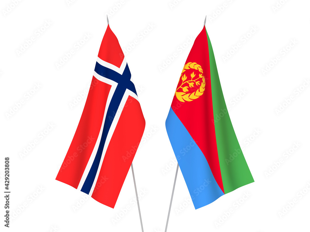 National fabric flags of Norway and Eritrea isolated on white background. 3d rendering illustration.