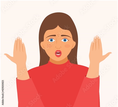 Portrait of scared, panicked woman with two hands gestures, isolated on white background. Cartoon character beautiful girl dissatisfied, terrified, panic, shocked facial expression vector illustration
