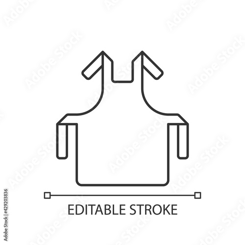 Medical apron linear icon. Protective wear. Sterile suit to work in hospital. Disposable PPE. Thin line customizable illustration. Contour symbol. Vector isolated outline drawing. Editable stroke