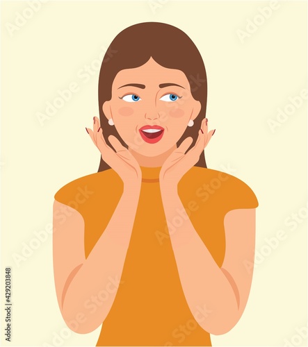 Surprised Excited Woman holds cheeks by hand isolated. Surprised girl looks left side and opens mouth hands under her cheeks, Vector illustration. Cartoon character smiling girl's hands on cheek