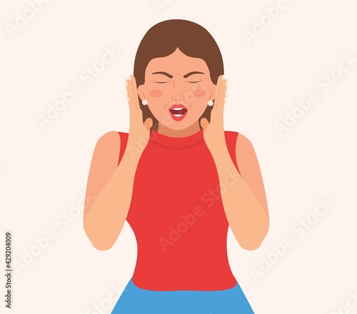 Young crazy woman screaming. Face expression with reaction and negative emotions. Insane or annoyed woman shouting emotional with open mouth and closed eyes in despair. isolated Vector illustration