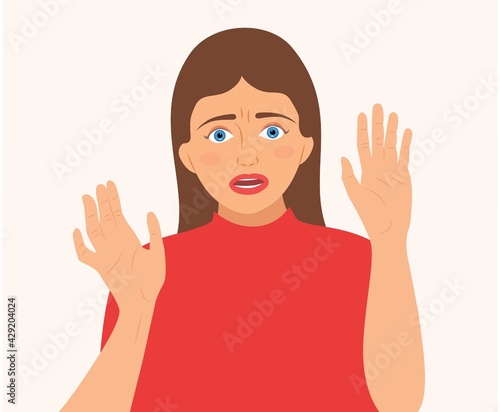 Portrait of scared, panicked woman with horror face and two hand gestures, isolated on background. Cartoon character girl frightening, terrified, panic, shocked facial expression vector illustration
