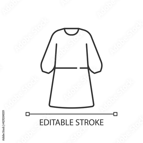 Isolation gown linear icon. Protective wear from virus. Reusable suit, work with hazard material. Thin line customizable illustration. Contour symbol. Vector isolated outline drawing. Editable stroke