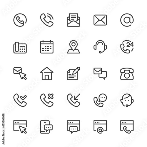 Simple Interface Icons Related to Contact. Contact us, Contact Support, Customer Service, Feedback. Editable Stroke. 32x32 Pixel Perfect.