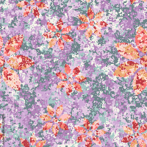 Women's camouflage. Pixel texture. Violet-green background and pink-red flowers.