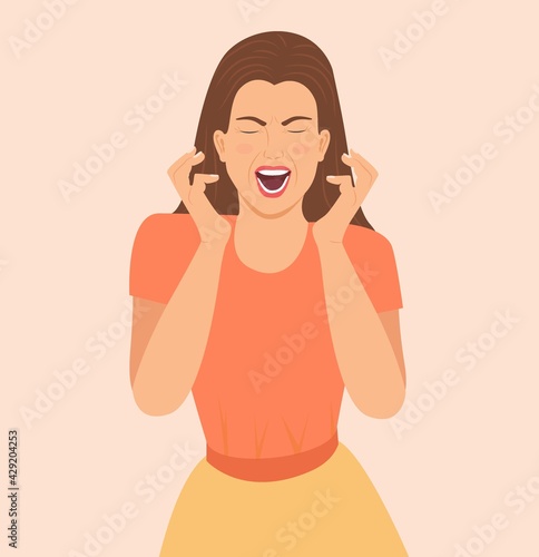 Young crazy woman screaming. Face expression with reaction and negative emotions. Insane or annoyed woman shouting emotional with open mouth and closed eyes in despair. isolated Vector illustration