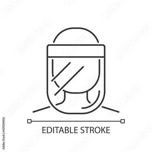Medical face shield linear icon. Reusable facial cover. Protective wear from virus infection. Thin line customizable illustration. Contour symbol. Vector isolated outline drawing. Editable stroke