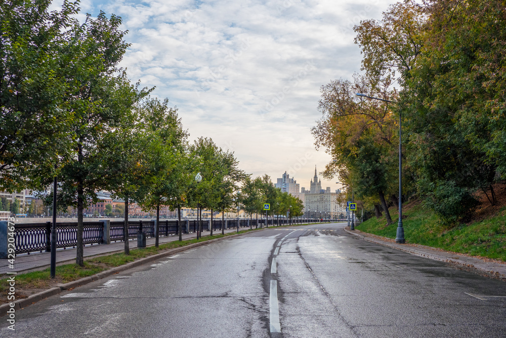 Morning empty embankment in Moscow