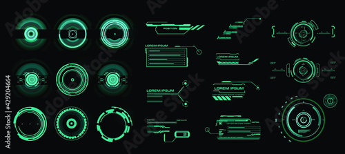 Set digital holographic glowing circles, buttons, callouts and targets. Set for user interface HUD, GUI, UI. Virtual reality technology screen photo