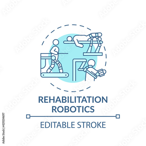 Rehabilitation robotics concept icon. Rehabilitation engineering idea thin line illustration. Robotic devices. Physiological limb activation. Vector isolated outline RGB color drawing. Editable stroke