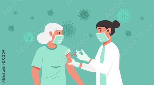 Immunization and vaccination flu shot concept, female doctor with medical protective suit, glove, mask inject syringe in patient, Covid-19 prevention with older woman have vaccine, vector illustration