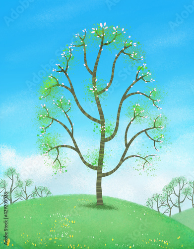 An illustration of a tree growing on a grassy hillside with leaves and blossom, starting to bud against a blue sky with clouds - representing the season Spring