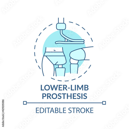 Lower-limb prosthesis concept icon. Prostheses type idea thin line illustration. Prosthetic leg technology. Joints stability. Vector isolated outline RGB color drawing. Editable stroke