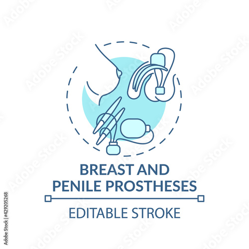 Breast and penile prostheses concept icon. Prostheses type idea thin line illustration. Mechanical device. Penile implant. Vector isolated outline RGB color drawing. Editable stroke