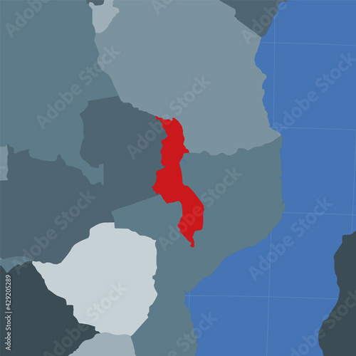 Shape of the Malawi in context of neighbour countries. Country highlighted with red color on world map. Malawi map template. Vector illustration.