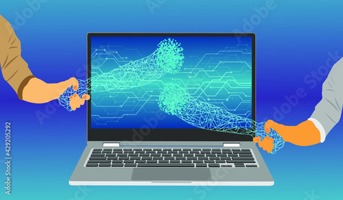 The handshake of future ,In the future, the world of working humans may have to work with AI (artificial intelligence)