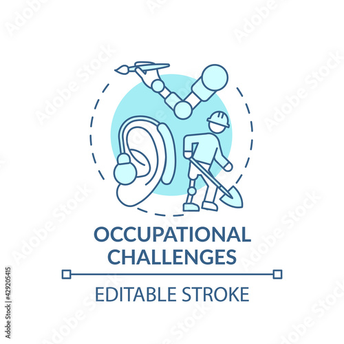 Occupational challenges concept icon. Upper-limb prostheses task idea thin line illustration. Manipulation with different devices and items. Vector isolated outline RGB color drawing. Editable stroke