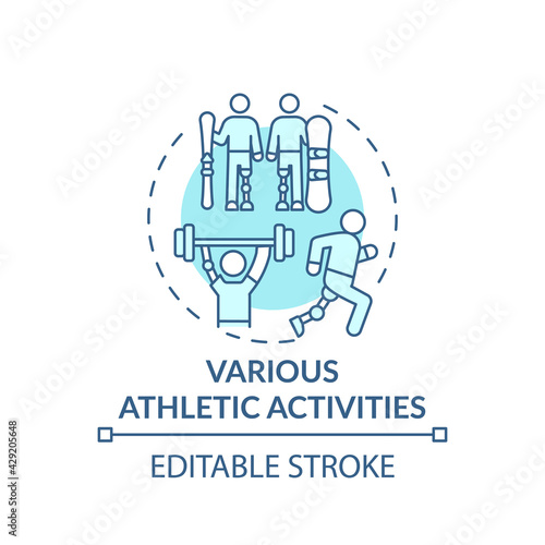 Various athletic activities concept icon. Lower-limb prostheses idea thin line illustration. Walking, running, hopping, jumping, climbing. Vector isolated outline RGB color drawing. Editable stroke
