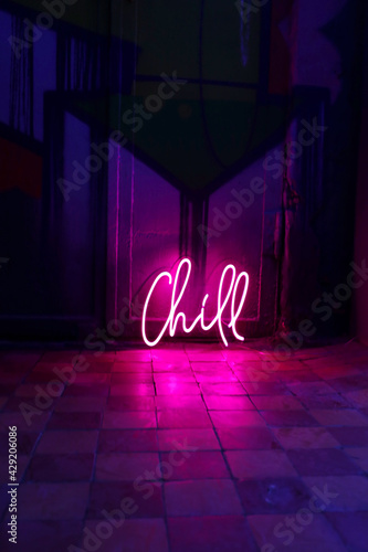Pink neon sign chill. Trendy style. Neon sign. Custom neon. Home decor. photo