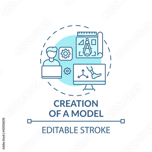 Model creation concept icon. Artificial limb manufacture idea thin line illustration. Preliminary experimentation. 3D modeling. Vector isolated outline RGB color drawing. Editable stroke