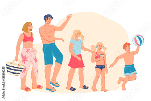 Happy family going to the beach. Family on summer vacation, vacation by the sea, flat vector illustration isolated on white background. Parents and children cartoon characters in summer clothing.