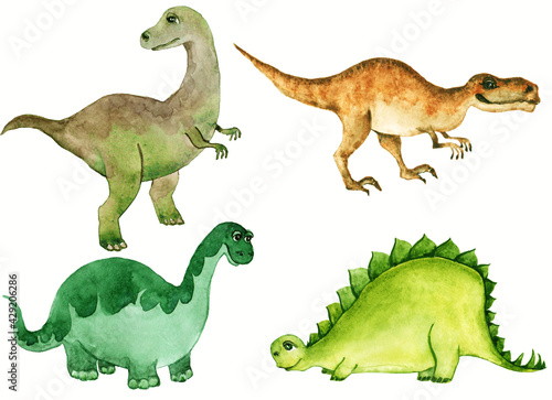 Dinosaurs are gray-green  beige-brown  green and yellow-green on a white background. Watercolor.
