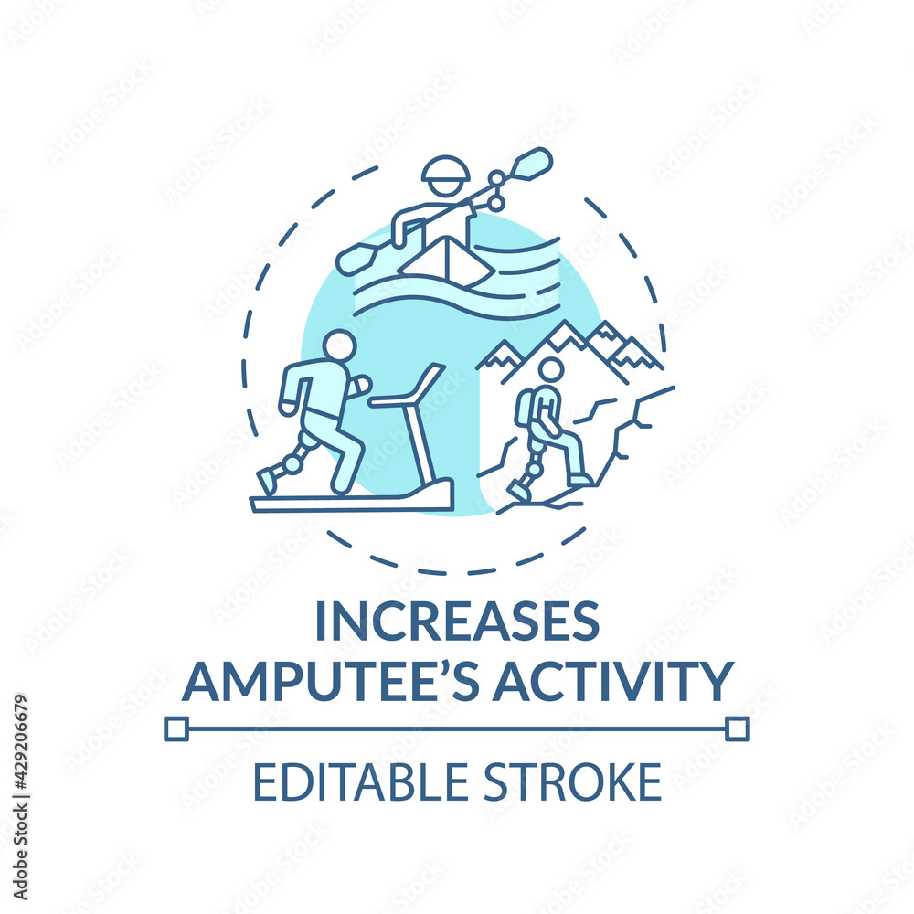 Increasing amputee activity concept icon. Prosthesis replacement condition idea thin line illustration. Achieving athletic goals. Vector isolated outline RGB color drawing. Editable stroke Increasing amputee activity concept icon. Prosthesis replacement condition idea thin line illustration. Achieving athletic goals. Vector isolated outline RGB color drawing. Editable stroke