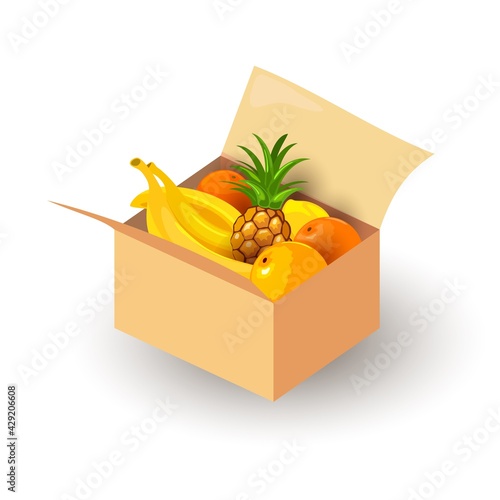 Cartoon delivery from grocery store. Vector organic ripe tropical fruits, healthy eating, pineapple, banana, orange and apple summer harvest. Food and diet concept isolated on white