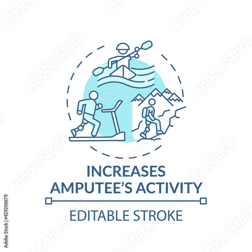 Increasing amputee activity concept icon. Prosthesis replacement condition idea thin line illustration. Achieving athletic goals. Vector isolated outline RGB color drawing. Editable stroke