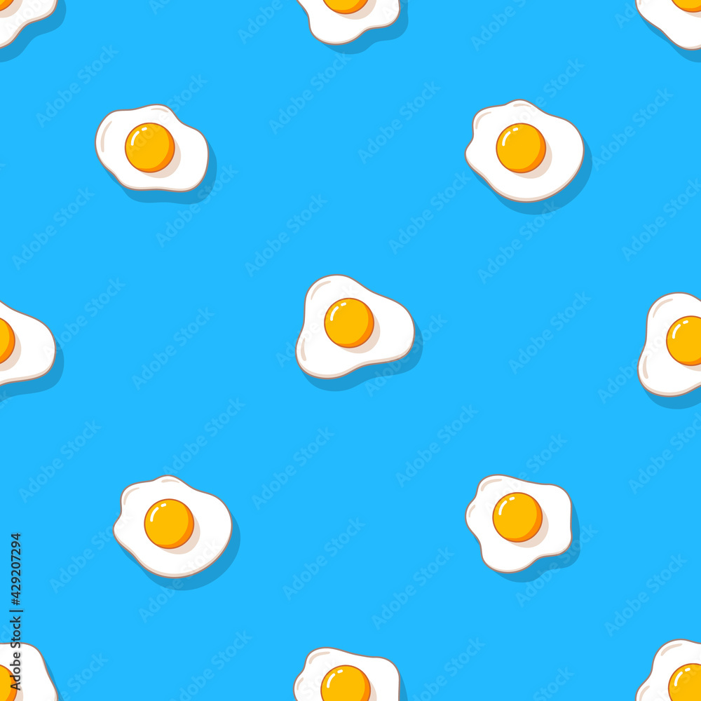 Fried eggs seamless pattern. Simple design for textile wrapping paper Vector illustration isolated on blue background