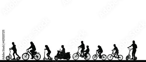 A group of people ride bicycles  scooters  scooters. Vector silhouette.