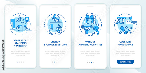 Lower limb prostheses tasks onboarding mobile app page screen with concepts. Cosmetic appearance walkthrough 4 steps graphic instructions. UI, UX, GUI vector template with linear color illustrations