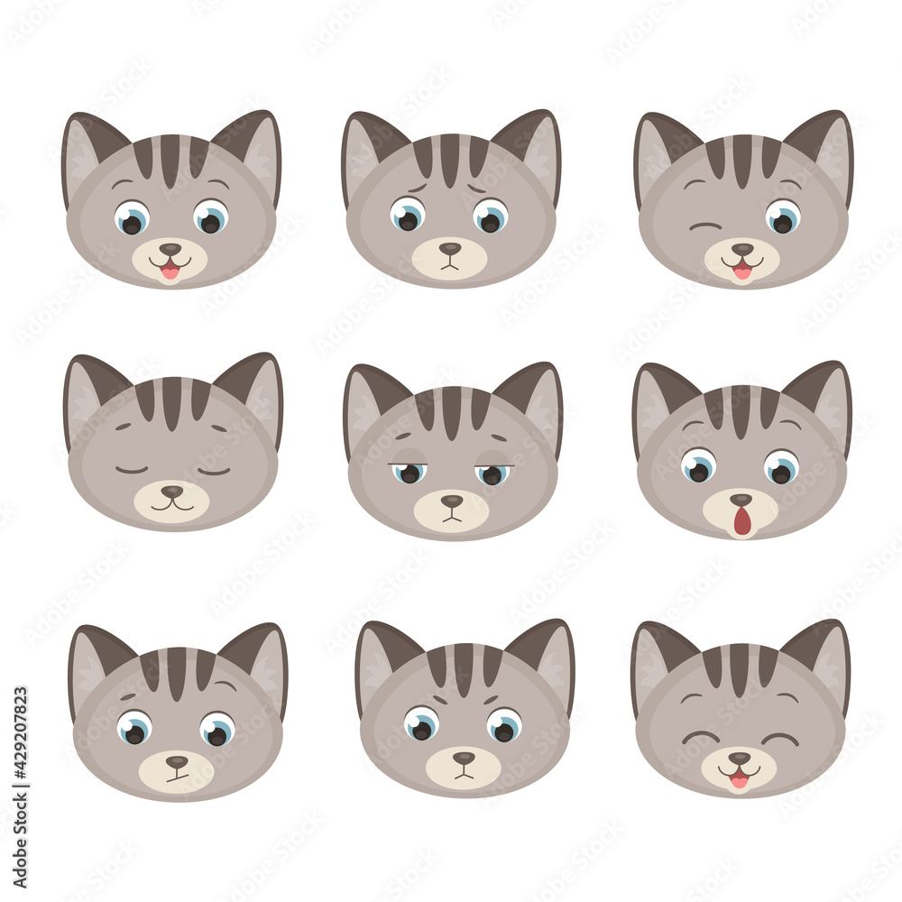 Set of cats on white background. Cute cat faces, facial expressions, different emotions.