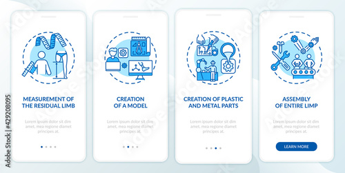 Prosthetics manufacturing onboarding mobile app page screen with concepts. Project modeling walkthrough 4 steps graphic instructions. UI, UX, GUI vector template with linear color illustrations
