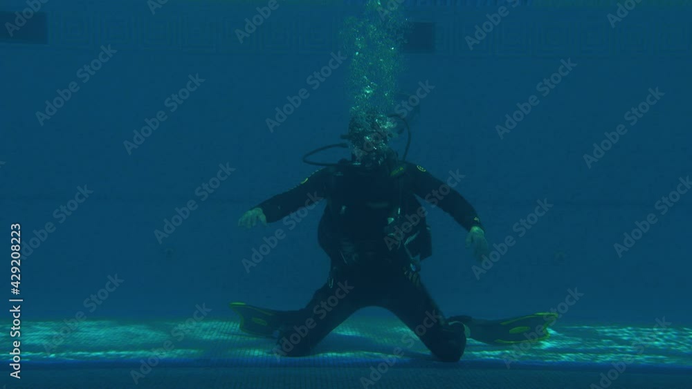 Professional Diver Portrait with Full Equipment Underwater Professional Diver Portrait with Full Equipment Underwater