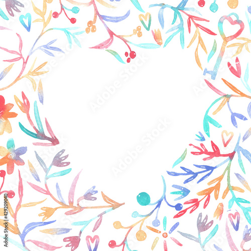 Floral sweet heart-shaped frame on white background