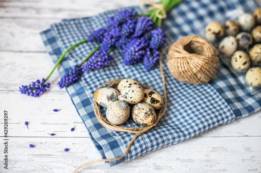 Spring decorative composition. Miniature grape hyacinth flowers and quail eggs. Easter decoration Spring decorative composition. Miniature grape hyacinth flowers and quail eggs. Easter decoration
