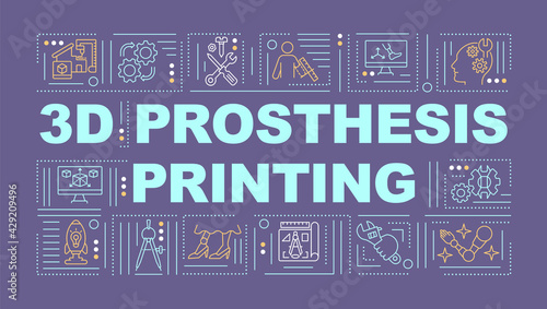 3D prosthesis printing word concepts banner. Innovational production of equipment. Infographics with linear icons on purple background. Isolated typography. Vector outline RGB color illustration