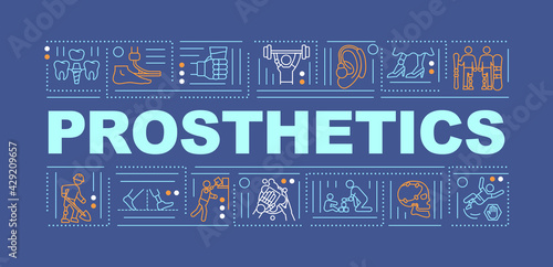 Prosthetics word concepts banner. Dealing with people health disabilities. Infographics with linear icons on navy background. Isolated typography. Vector outline RGB color illustration