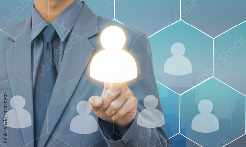 Business man black suit select Choice employee human resource system technology.