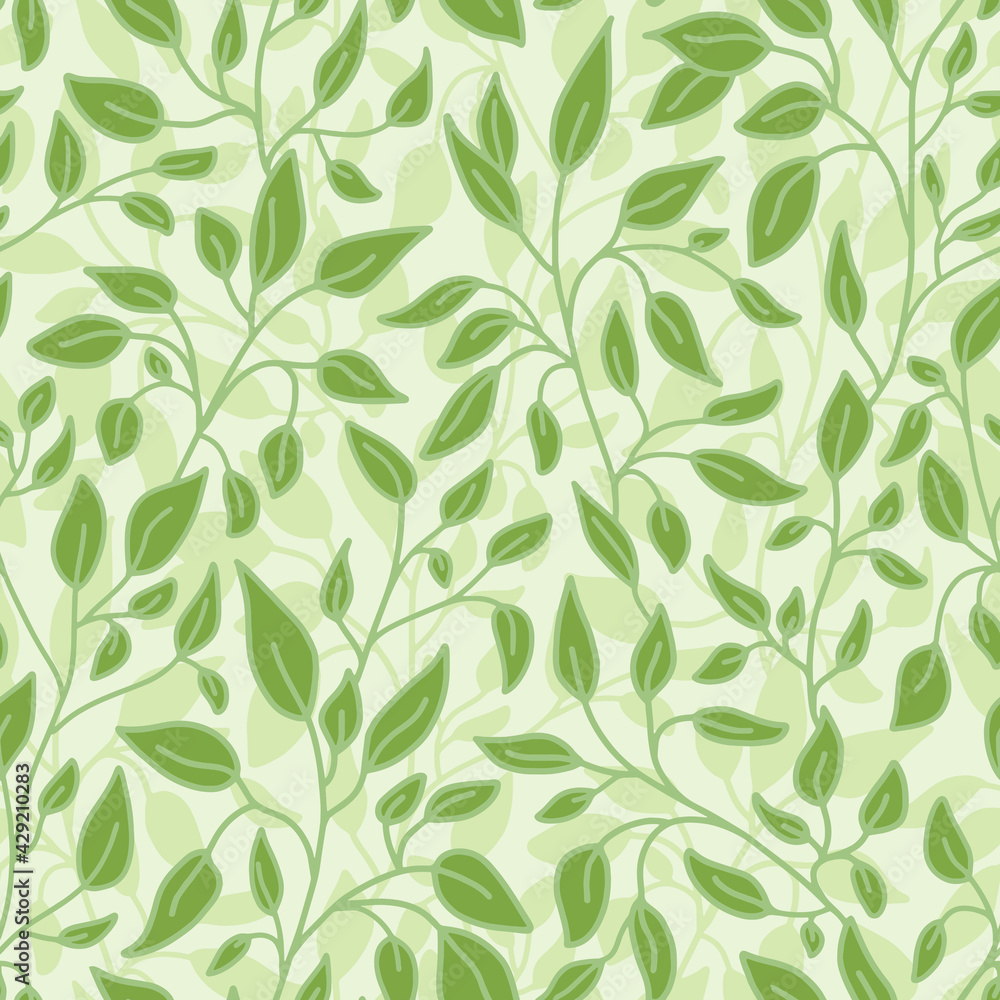 Seamless floral ornament on a light green background. Curved branches with leaves. Elegant design for wallpaper, packaging, fabrics, home textile, decor, curtains, cards, bedding, poster, invitations