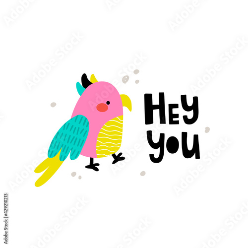 vector illustration of cute parrot and text