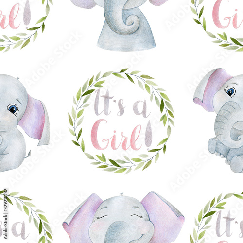Canvas Print Seamless pattern with watercolor elephants.