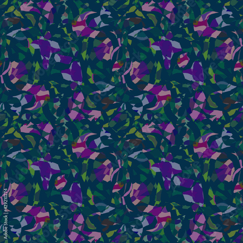 Seamless multicolored geometric patterns, spots, paint strokes. Mosaic in purple, blue, green tones. Universal design for textiles, home decor, apparel, bedding, fabrics, packaging, scrapbooking