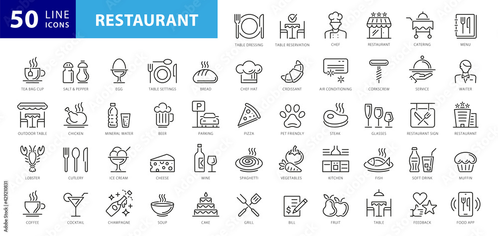 Fototapeta Set Vector Line Icons of Restaurant Business