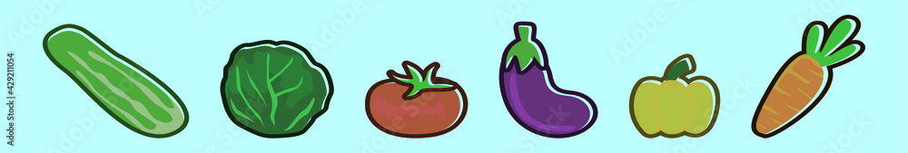 set of fresh vegetable cartoon icon design template with carrot. vector illustration isolated on blue background set of fresh vegetable cartoon icon design template with carrot. vector illustration isolated on blue background