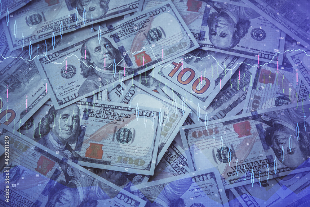 Multi exposure of forex chart drawing over us dollars bill background. Concept of financial success markets. Multi exposure of forex chart drawing over us dollars bill background. Concept of financial success markets.
